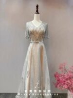 銀灰滿鑽V領澎裙媽媽禮服