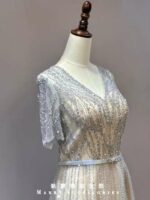 銀灰滿鑽V領澎裙媽媽禮服