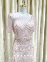 粉色V領滿鑽半袖媽媽禮服