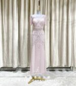 粉色V領滿鑽半袖媽媽禮服