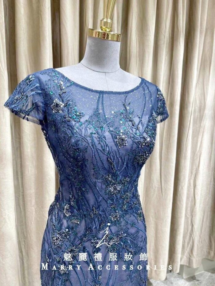 藍色蕾絲繡花圓領小包袖媽媽禮服