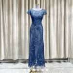 藍色蕾絲繡花圓領小包袖媽媽禮服