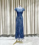 藍色蕾絲繡花圓領小包袖媽媽禮服