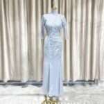 藍色蕾絲V領半袖魚尾媽媽禮服