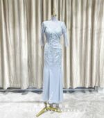 藍色蕾絲V領半袖魚尾媽媽禮服