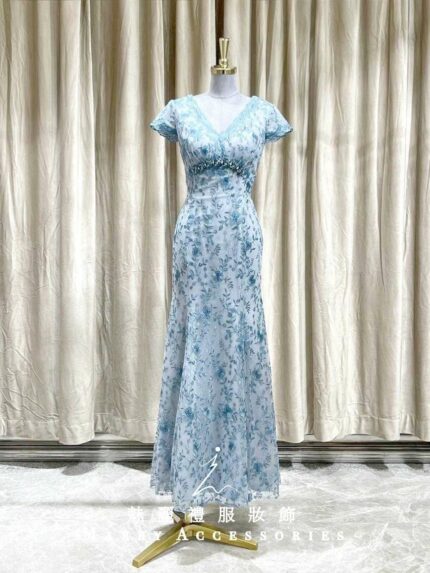 藍色緹花蕾絲古風媽媽禮服