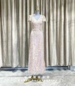 粉色V領繡花流線媽媽禮服