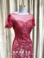 紅色公主袖圓領襯銀布媽媽禮服