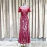 紅色公主袖圓領襯銀布媽媽禮服