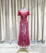 紅色公主袖圓領襯銀布媽媽禮服