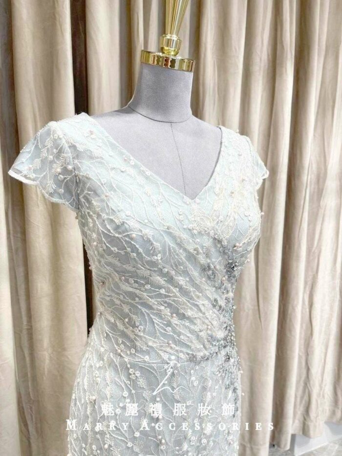 綠色水鑽碎花V領媽媽禮服