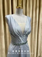 藍色緞面深V碎鑽收腰典雅媽媽禮服