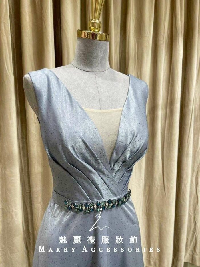 藍色緞面深V碎鑽收腰典雅媽媽禮服
