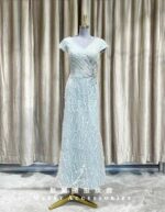 綠色水鑽碎花V領媽媽禮服