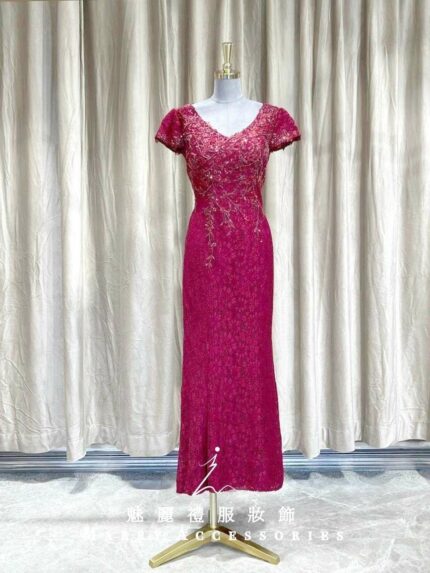 紅色古典蕾絲花紋媽媽禮服