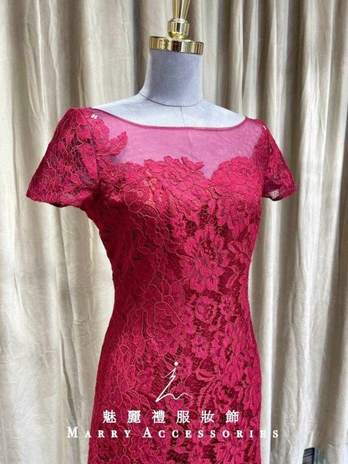 紅色古典繡花小包袖媽媽禮服