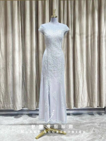 灰色排鑽空紗媽媽禮服