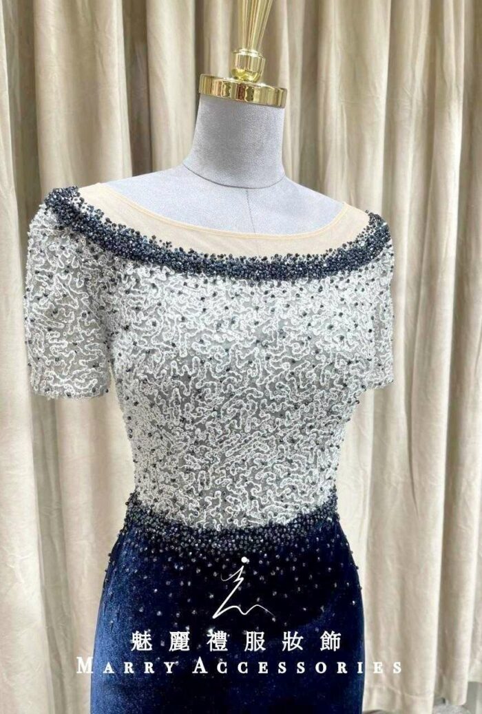 藍色絨布魚尾滿鑽媽媽禮服