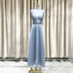 藍色緞面深V碎鑽收腰典雅媽媽禮服