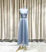 藍色緞面深V碎鑽收腰典雅媽媽禮服