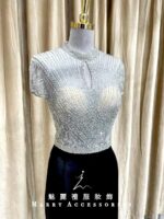 灰色滿鑽挖空拼接黑緞媽媽禮服