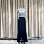 灰色滿鑽挖空拼接黑緞媽媽禮服