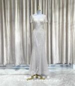 香檳金華麗滿鑽網紗V領媽媽禮服