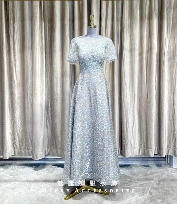 米藍色小清新碎鑽澎澎裙媽媽禮服