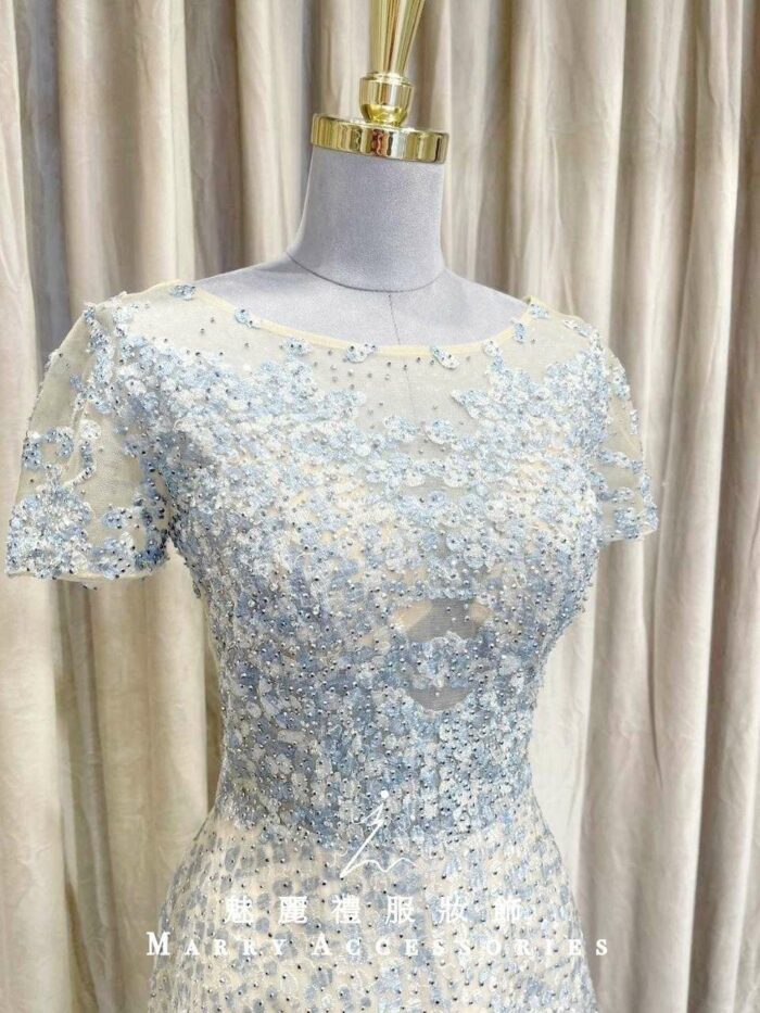 米藍色小清新碎鑽澎澎裙媽媽禮服