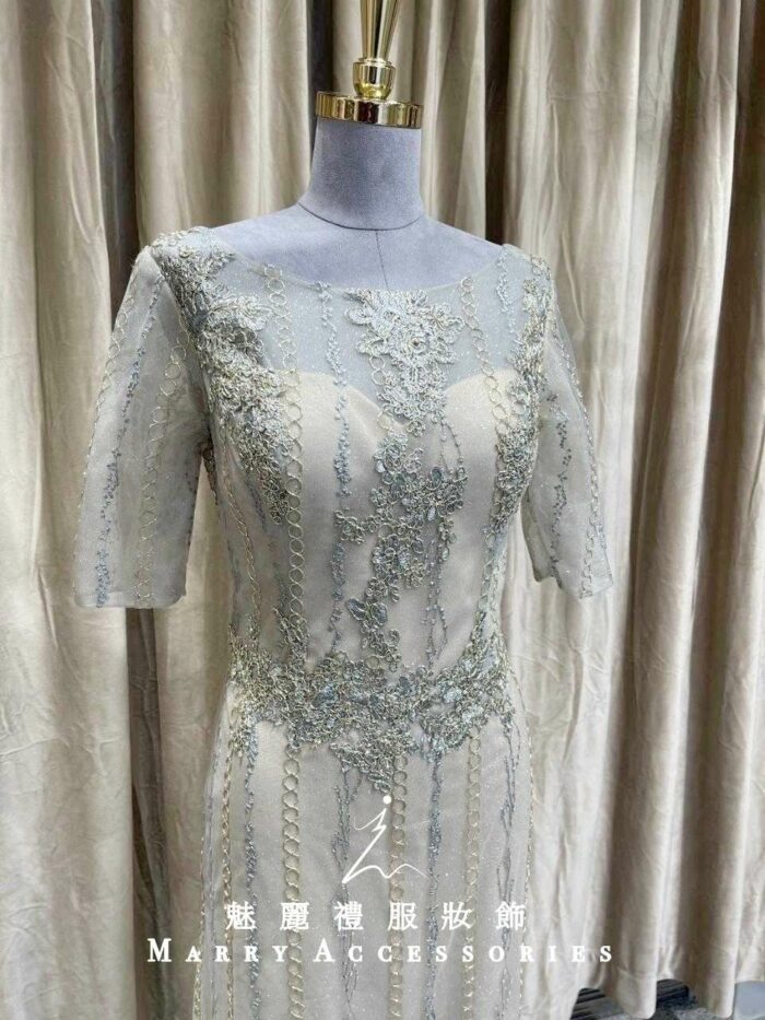 金色流線雕花蕾絲袖媽媽禮服