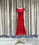 紅色蕾絲短魚尾媽媽禮服