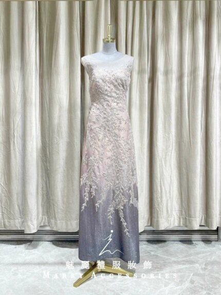 粉色U領立體刺繡花漸層媽媽禮服