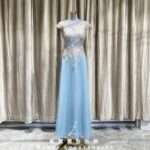 藍色緞面古典刺繡花媽媽禮服