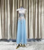 藍色緞面古典刺繡花媽媽禮服