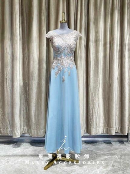藍色緞面古典刺繡花媽媽禮服