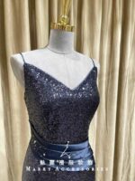 藍色亮片緞面收腰細肩晚宴媽媽禮服