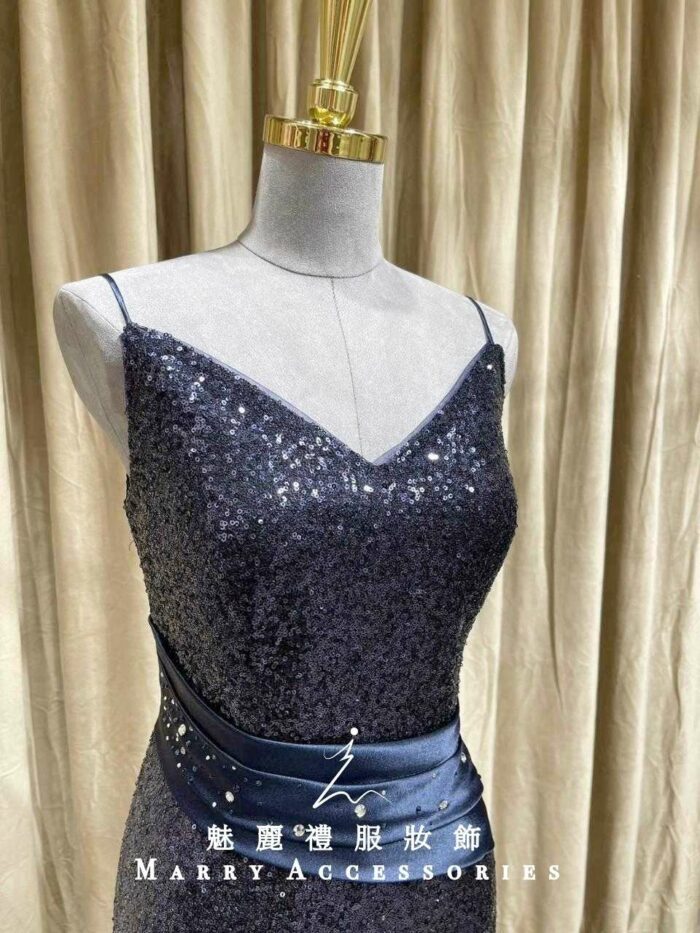 藍色亮片緞面收腰細肩晚宴媽媽禮服