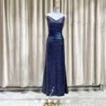 藍色亮片緞面收腰細肩晚宴媽媽禮服