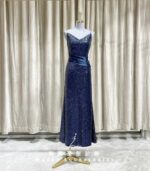 藍色亮片緞面收腰細肩晚宴媽媽禮服