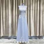 藍色緞面氣質拼花腰邊鑽媽媽禮服