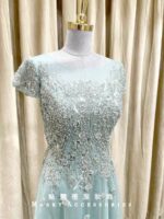 綠色閃鑽蕾絲A字媽媽禮服