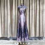 紫色高領復古花紋A字媽媽禮服