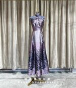 紫色高領復古花紋A字媽媽禮服