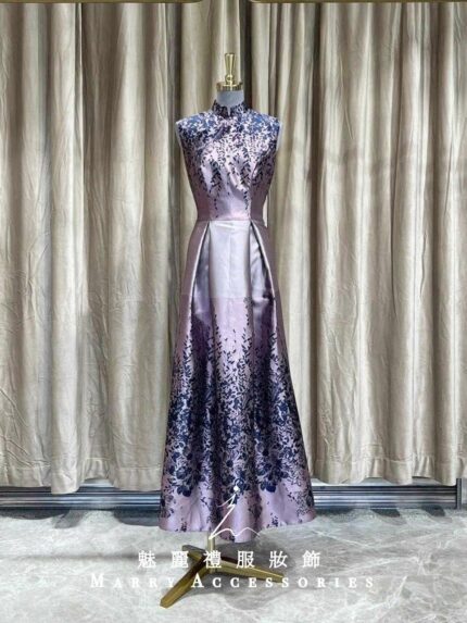 紫色高領復古花紋A字媽媽禮服