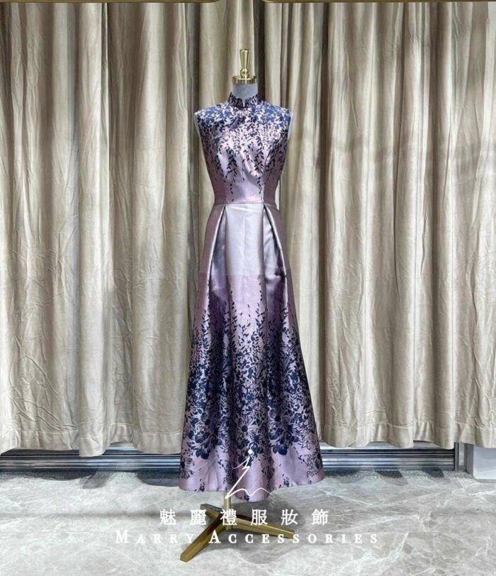 紫色高領復古花紋A字媽媽禮服 紫色高領復古花紋A字媽媽禮服