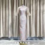 藍色襯布印花高領旗袍媽媽禮服