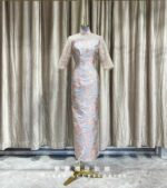 藍色襯布印花高領旗袍媽媽禮服