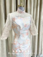 藍色襯布印花高領旗袍媽媽禮服