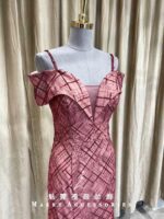 紅色條紋蕾絲繡花卡肩媽媽禮服