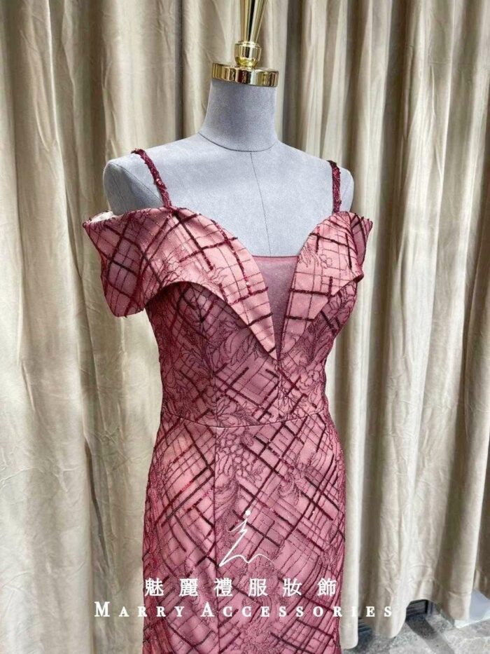 紅色條紋蕾絲繡花卡肩媽媽禮服